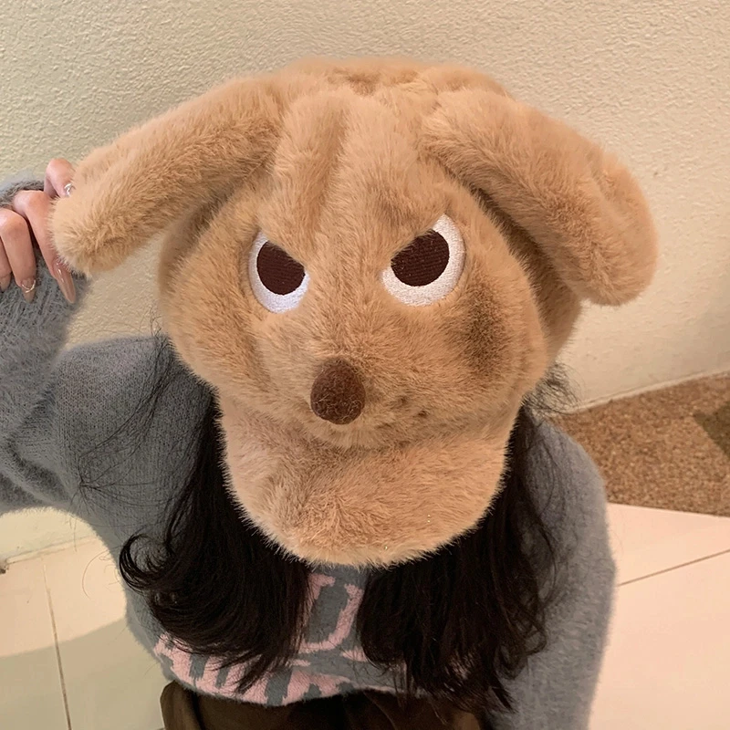 可爱怒气小狗狗毛茸茸耳朵贝雷帽女2025年秋冬季显脸小毛绒八角帽