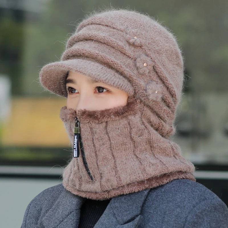 冬季新款帽子女加绒保暖围脖一体骑车防风防寒中老年人针织毛线帽