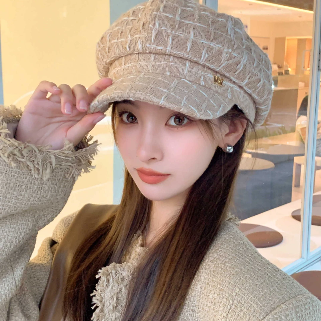 秋冬小香风八角帽子女时尚百搭鸭舌贝雷帽粗线格纹小众气质报童帽