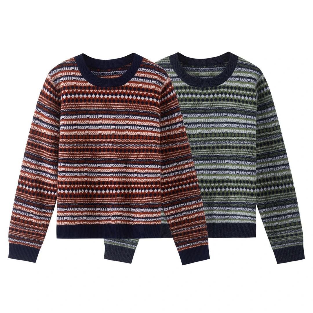 重工复古费尔岛提花圆领条纹撞色羊毛衫休闲百搭套头毛衣女