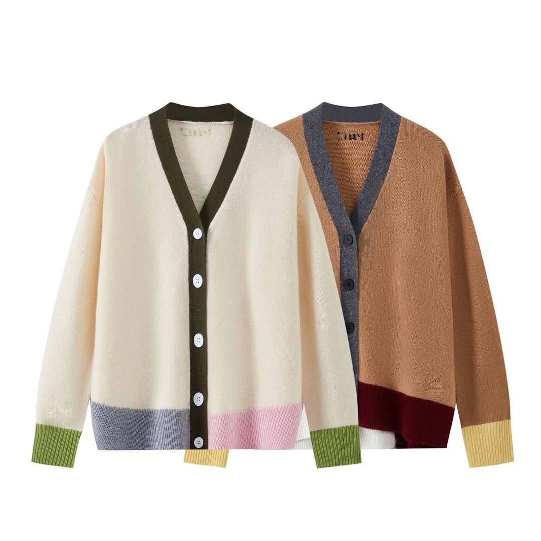 拼色V领不规则下摆宽松慵懒风减龄拼接设计感毛衣外套女2024秋冬