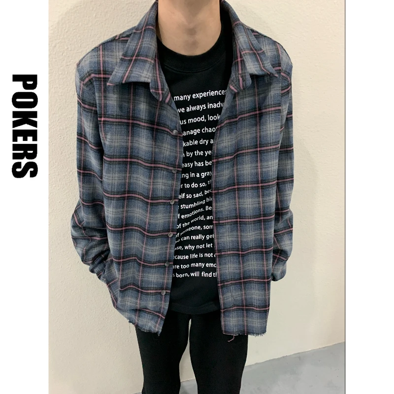 「POKERS」2024对格对条vibe衬衫2.0蓝长袖春秋复古休闲百搭
