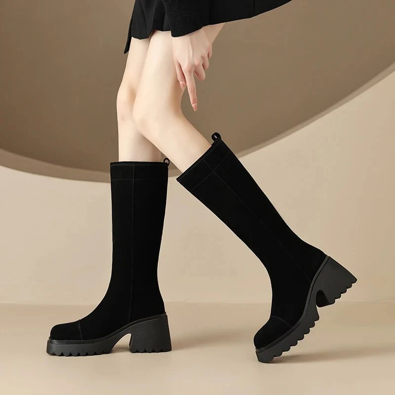2024年冬季加绒加厚保暖雪地靴高跟长靴大筒粗腿高筒加宽女靴
