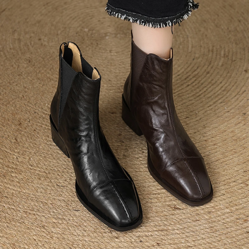 5CM羊皮粗跟切尔西靴百搭英伦风通勤小短靴秋冬新款加绒中跟靴子