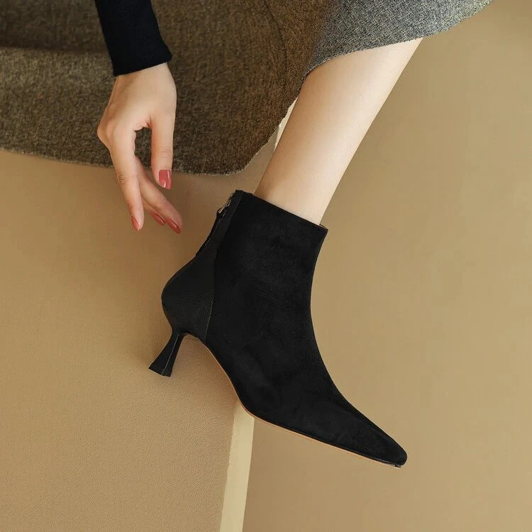 羊皮~真皮短靴女踝靴气质高跟裸靴尖头高级感软面秋冬加绒24新款