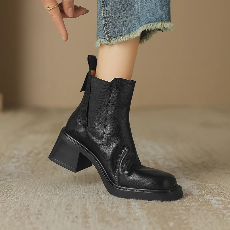 6CM方头粗跟切尔西靴百搭英伦风一脚蹬短靴真皮秋冬新款加绒靴子