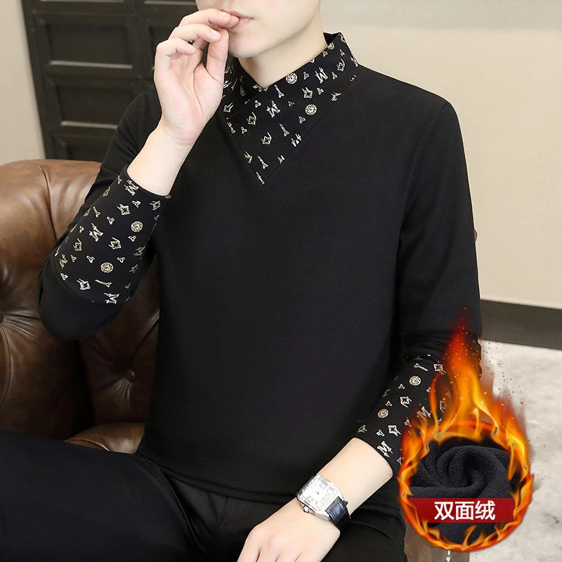 2024秋冬新款德绒假两件卫衣半高领男士打底衫修身百搭长袖上衣男