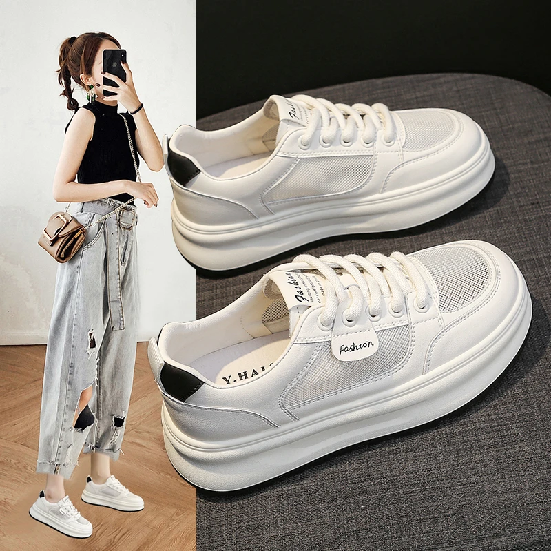 小白鞋网面透气女鞋小个子增高厚底休闲鞋夏季薄款百搭运动鞋学生
