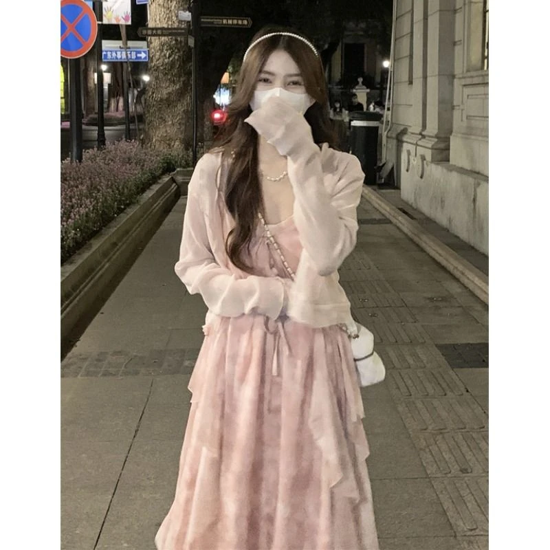 【2303#】粉色碎花温柔风吊带裙开衫两件套小个子仙女连衣裙女套装