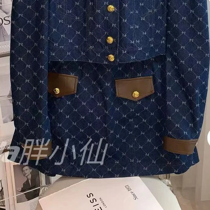 胖小仙秋冬<邂逅丹宁>牛仔拼接短裙微胖显瘦大码复古气质时尚