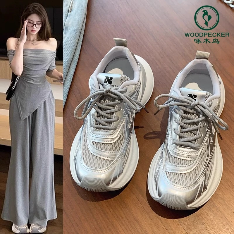 啄木鸟女鞋子2024新款春秋季网面透气网鞋厚底运动跑步银色老爹鞋