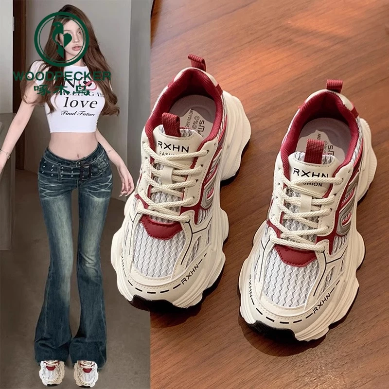 啄木鸟红色老爹鞋女2025春夏季新款厚底增高网面透气炸街休闲潮鞋