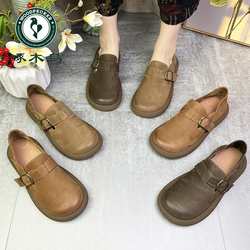 啄木鸟勃肯包头女士单鞋英伦风圆头软皮2024新款舒适休闲百搭鞋子