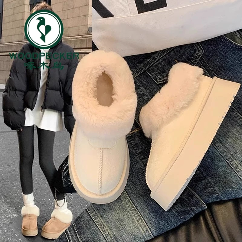 啄木鸟皮毛一体雪地靴女冬季2025新款防滑东北棉靴加绒保暖棉鞋子