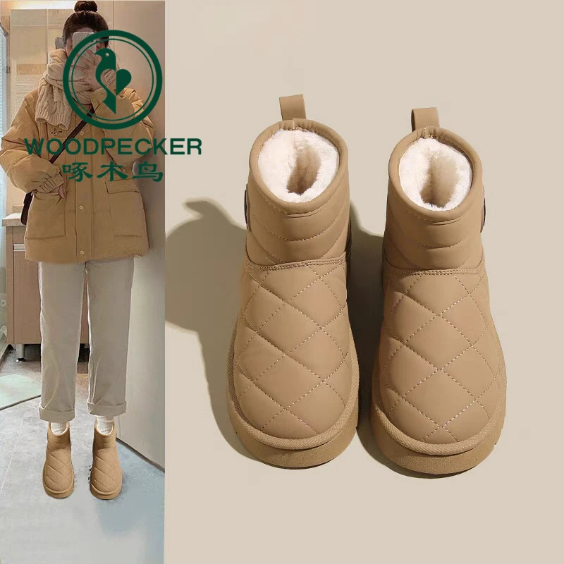 啄木鸟雪地靴女2024新款冬加绒加厚短靴保暖棉鞋外穿防滑面包鞋子