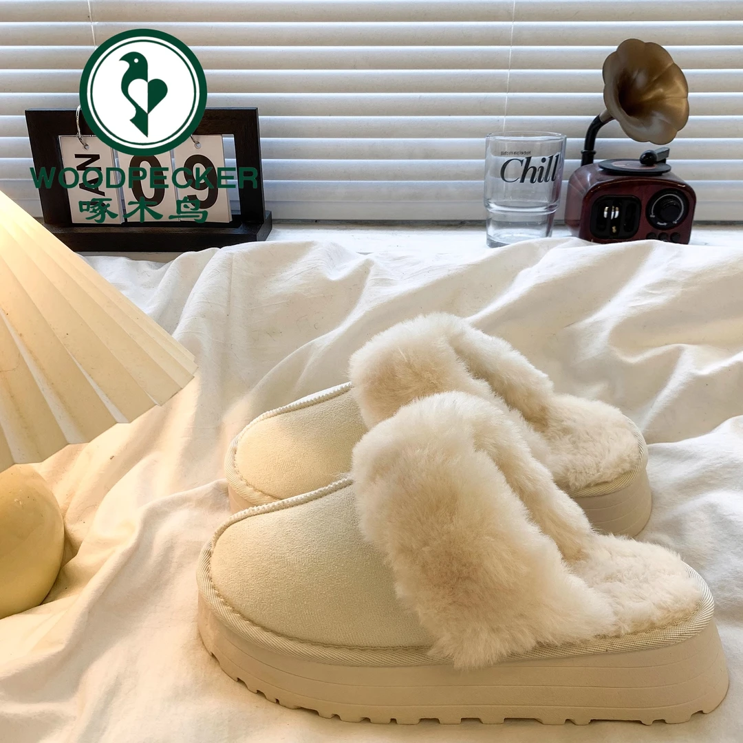 啄木鸟皮毛一体厚底棉拖鞋女2025新款冬加绒雪地靴外穿包头半拖鞋