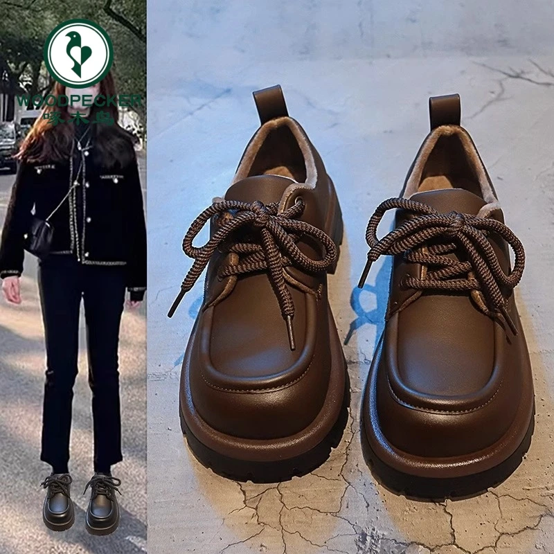 啄木鸟加绒小皮鞋女英伦风棕色复古休闲鞋子女2025新款冬保暖棉鞋
