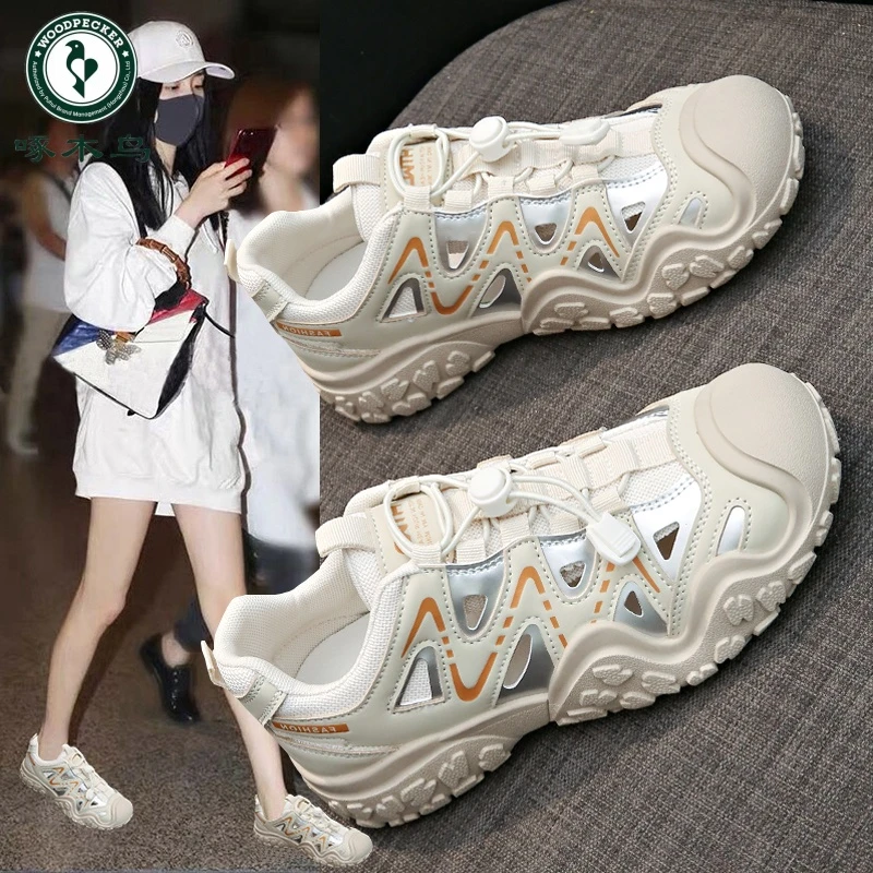 啄木鸟镂空凉鞋登山鞋女款2024新款夏透气户外运动休闲百搭老爹鞋