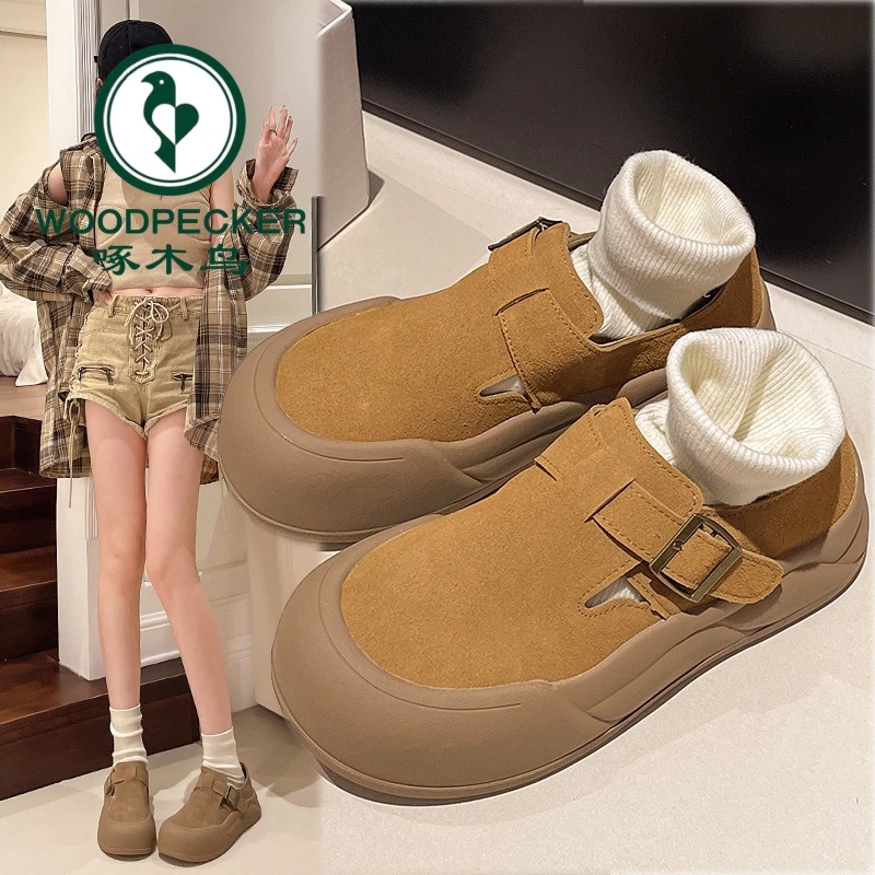 啄木鸟厚底复古圆头勃肯鞋女2024秋新款一脚蹬丑萌大头面包乐福鞋