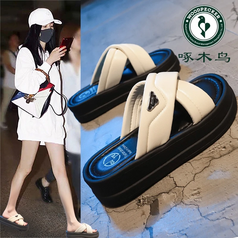 啄木鸟厚底凉拖鞋女夏季外穿时尚高级感2024新款沙滩法式平底拖鞋