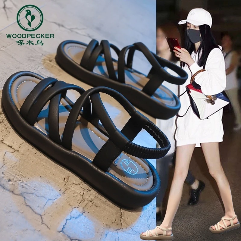 啄木鸟罗马凉鞋女2025年新款夏季平底休闲厚底外穿旅游不累脚洋气