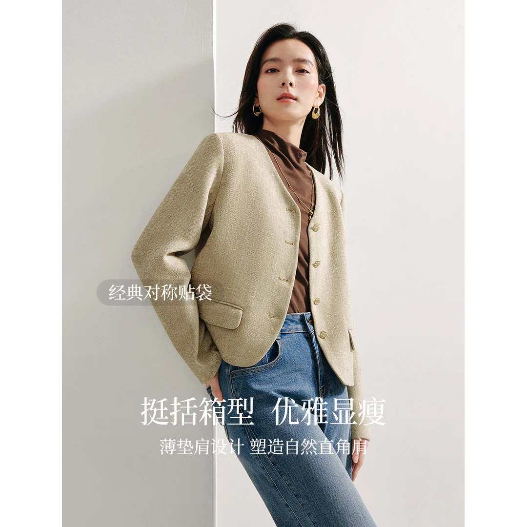 【秋冬外套】茵曼2024春秋新款女短外套上衣小短款休闲长袖薄口袋