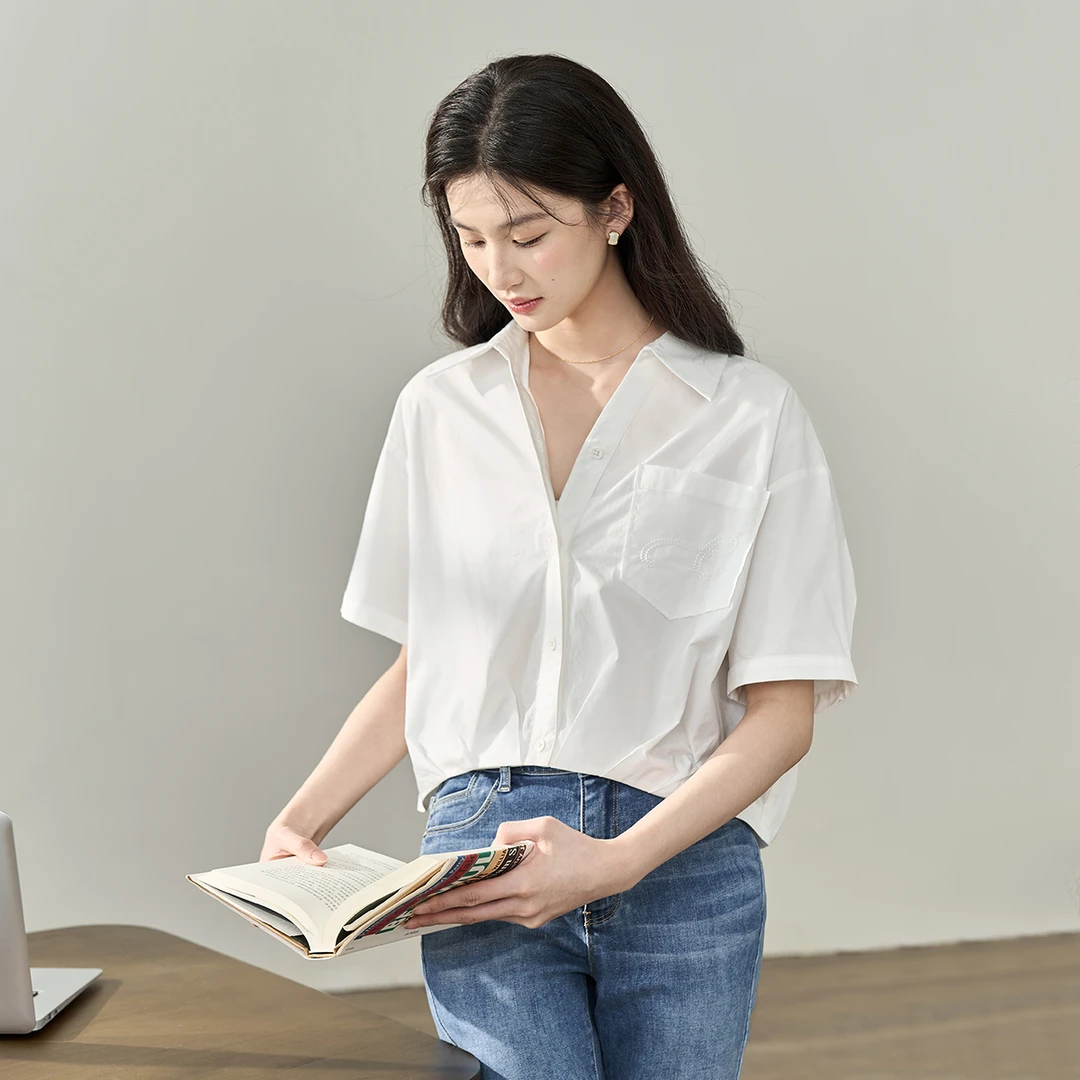 茵曼夏季女衬衫上衣衬衣气质女装新款短袖短款宽松休闲小众纯色