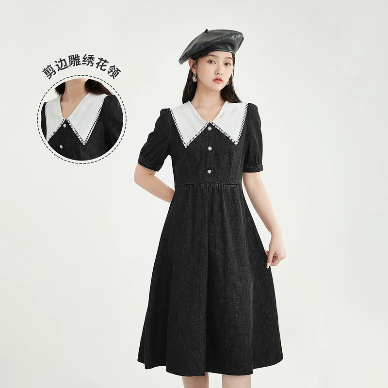 茵曼春秋女连衣裙裙子气质A字裙新款短袖娃娃休闲棉牛仔时尚百搭