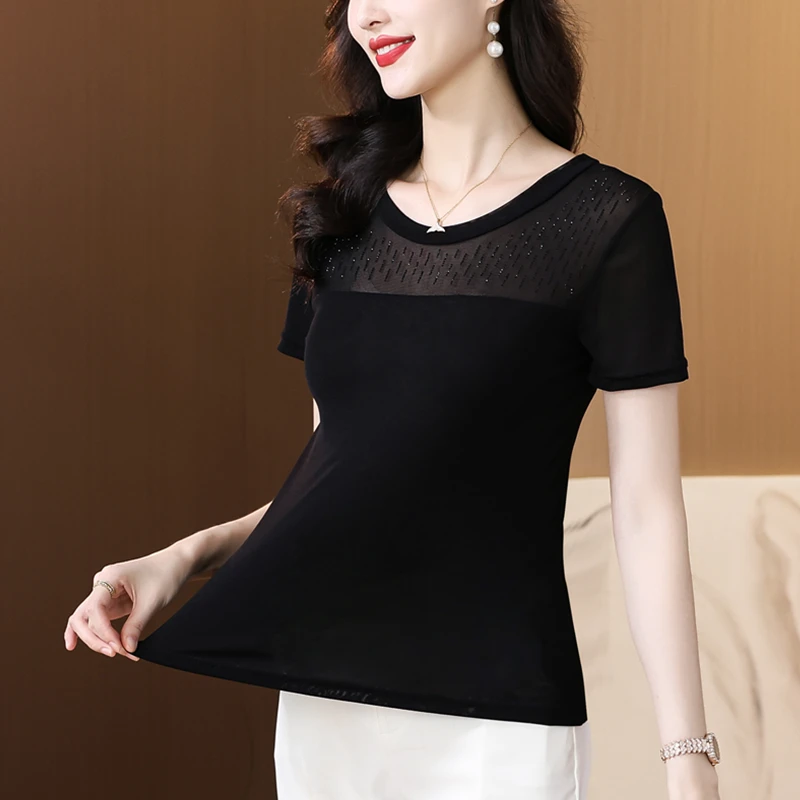 洋气烫钻黑色短袖T恤女2025夏季新款时尚镂空网纱上衣显瘦蕾丝衫