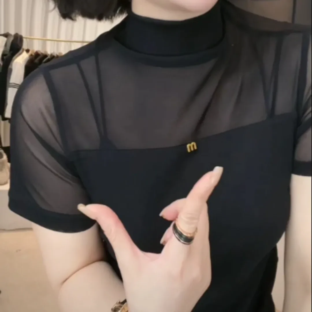 春款网纱半高领设计感时尚百搭短袖夏季显瘦上衣款女网红气质