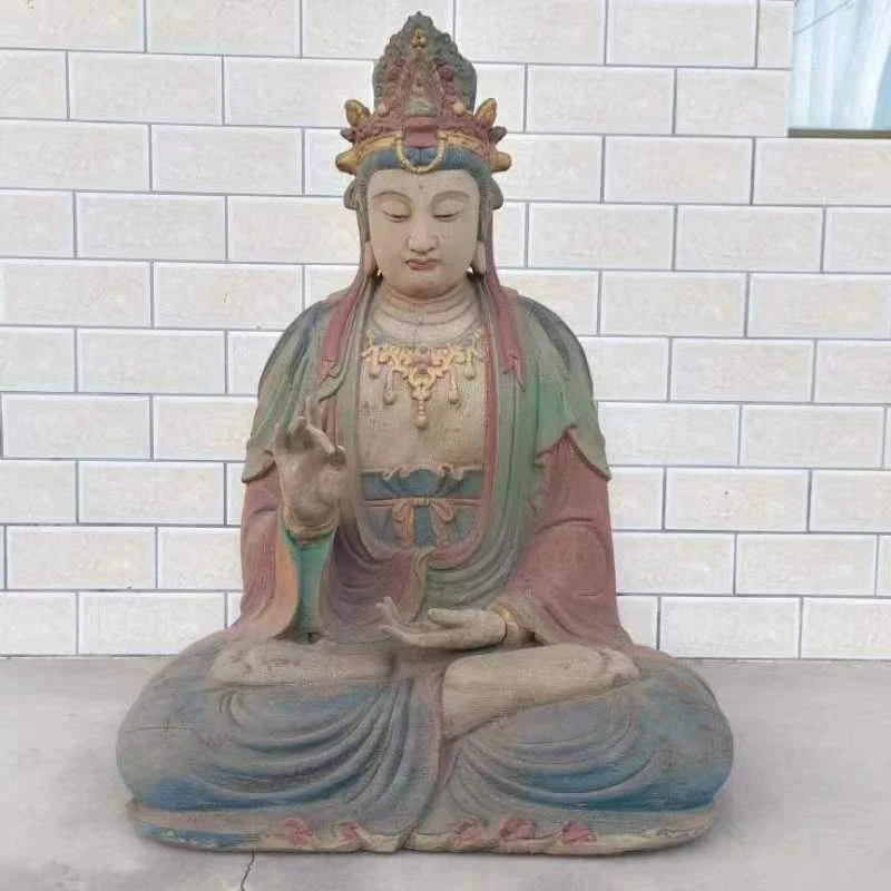 木雕佛像彩绘工艺坐地观音菩萨造像摆件高1米