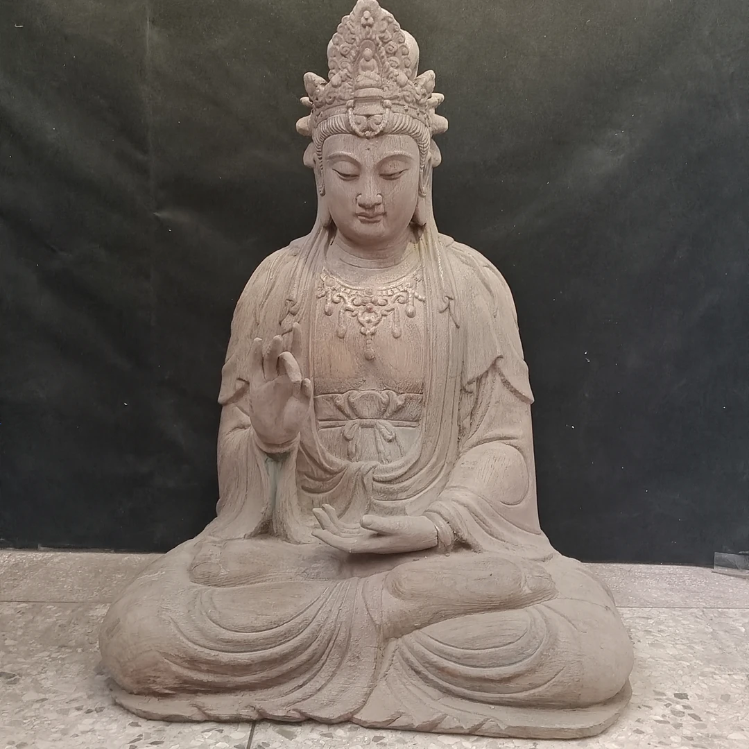 木雕佛像素色工艺坐地观音菩萨造像摆件高80厘米