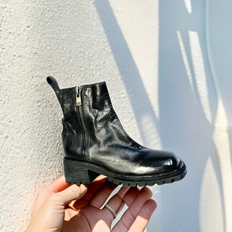 赫图客秋冬季复古水洗马皮侧拉链厚底马丁靴中跟 方头低筒女靴