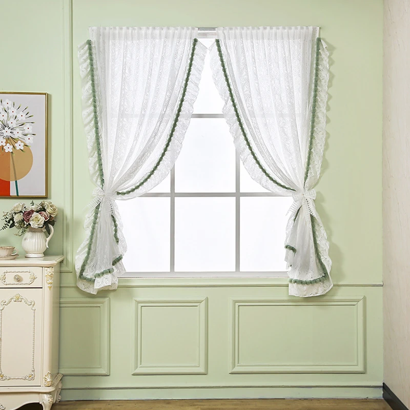 飘窗帘免打孔小清新氛围感家用卧室隔断装饰透光不透人蕾丝纱帘