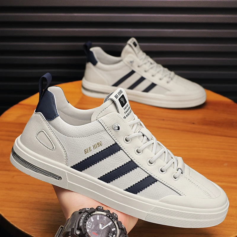 男鞋四季新款潮流休闲男士小白鞋免系带青年时尚软底百搭真皮板鞋