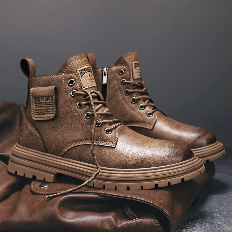 休闲工装鞋秋冬新款男士潮流马丁靴加绒保暖高帮皮靴时尚沙漠靴子