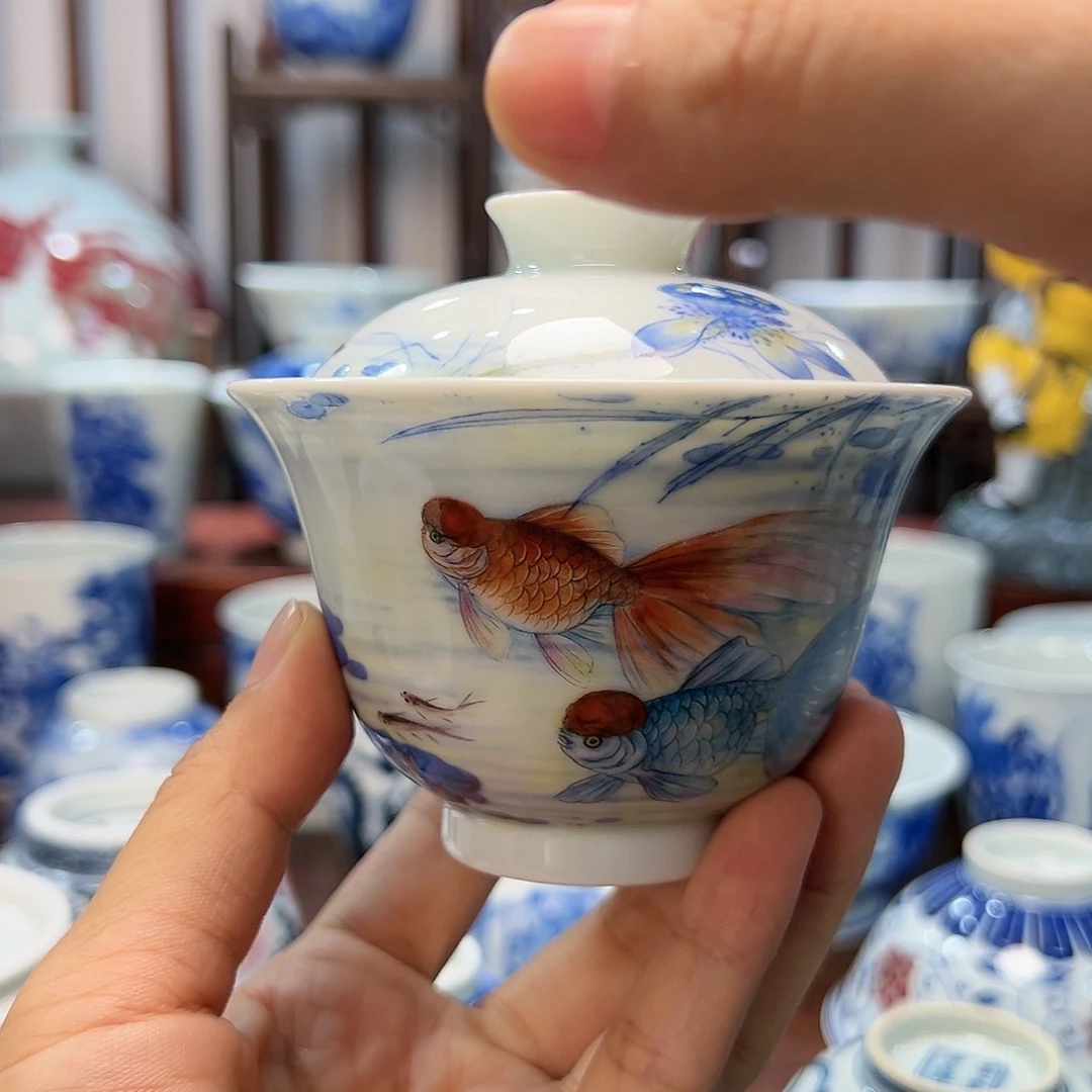 手绘金鱼盖碗景德镇