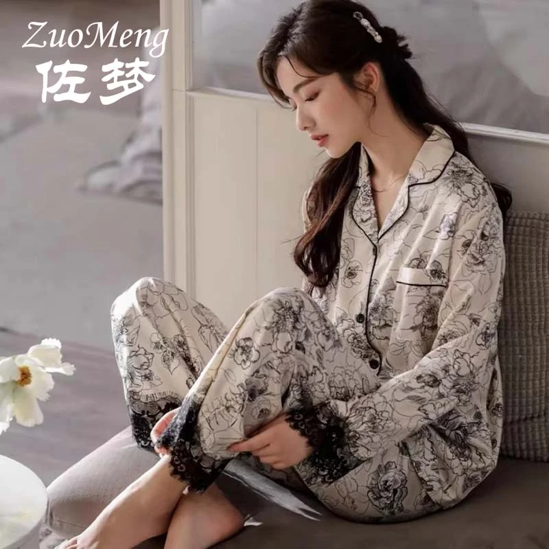 佐梦水墨画纯厚棉睡衣女春秋新款长袖休闲宽松开衫舒适家居服套装