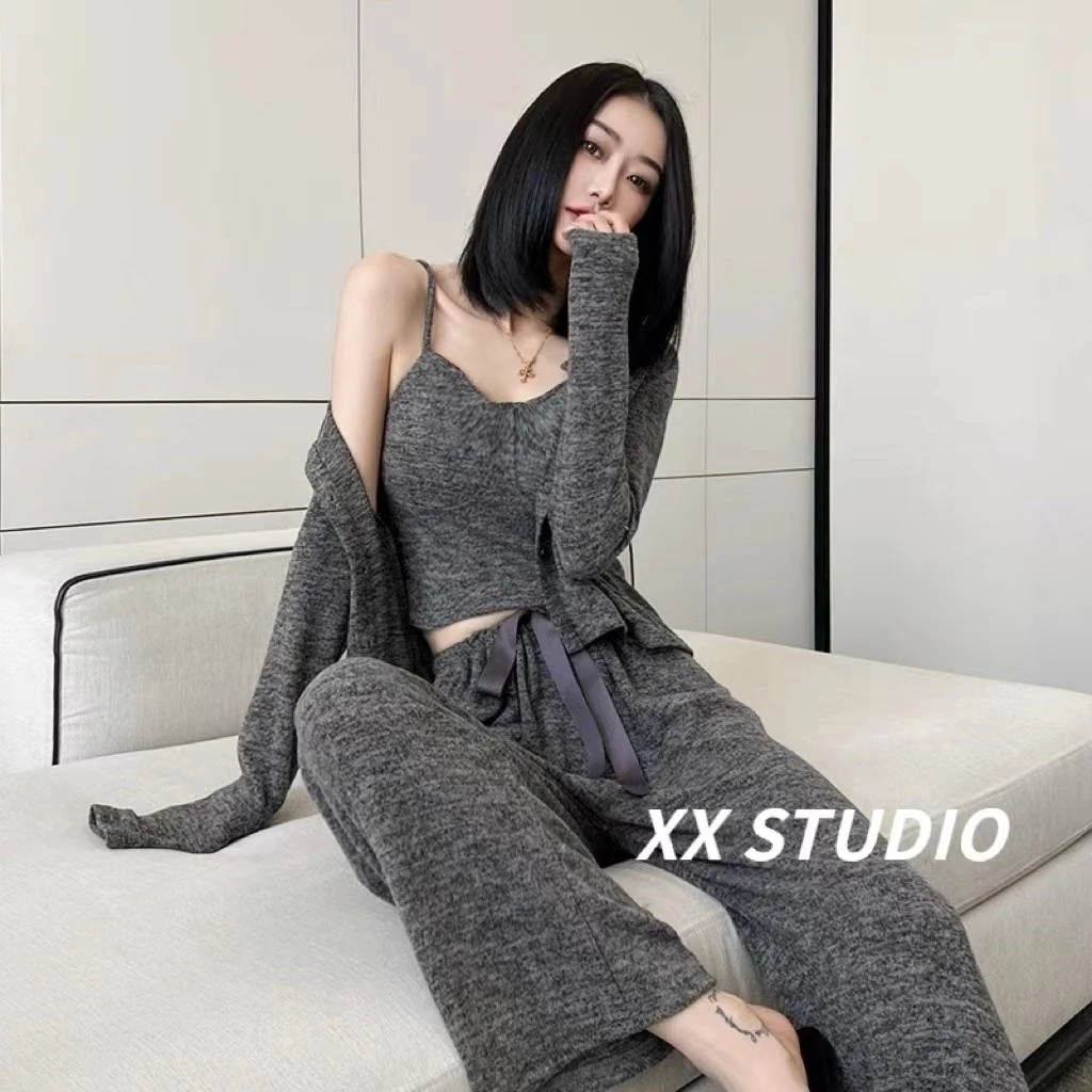 针织磨毛三件套带性感秋季显瘦气质短款睡衣家居服洋气女长袖套装