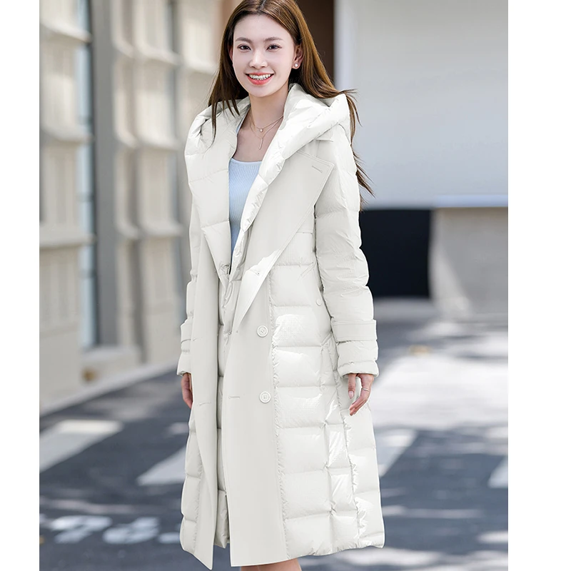 90%白鸭绒中长款冬季拼接简约通勤风衣式修身女士羽绒服8005