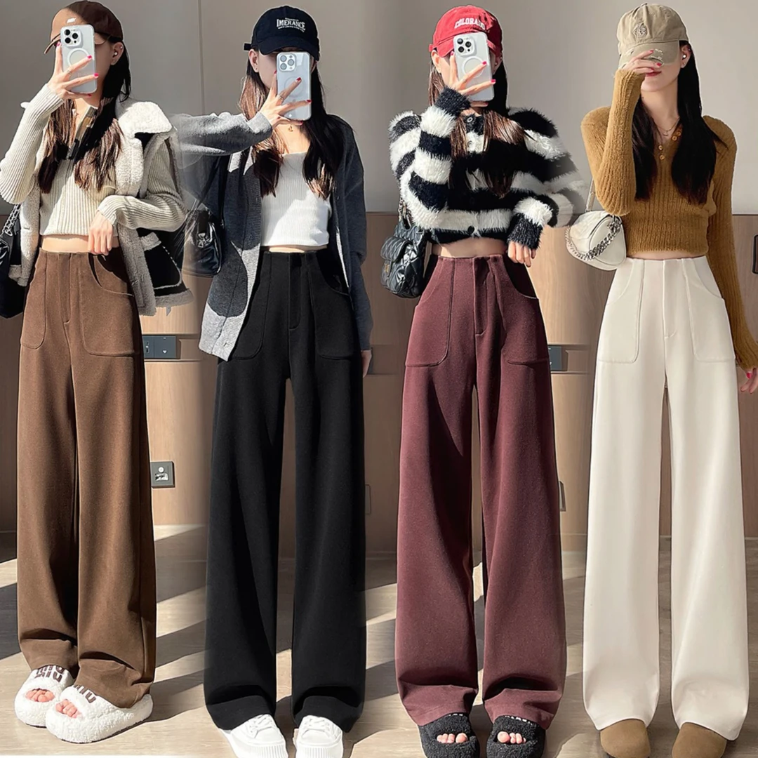 2024冬季加绒加厚毛呢阔腿裤女小个子百搭显瘦拖地高腰休闲直筒裤
