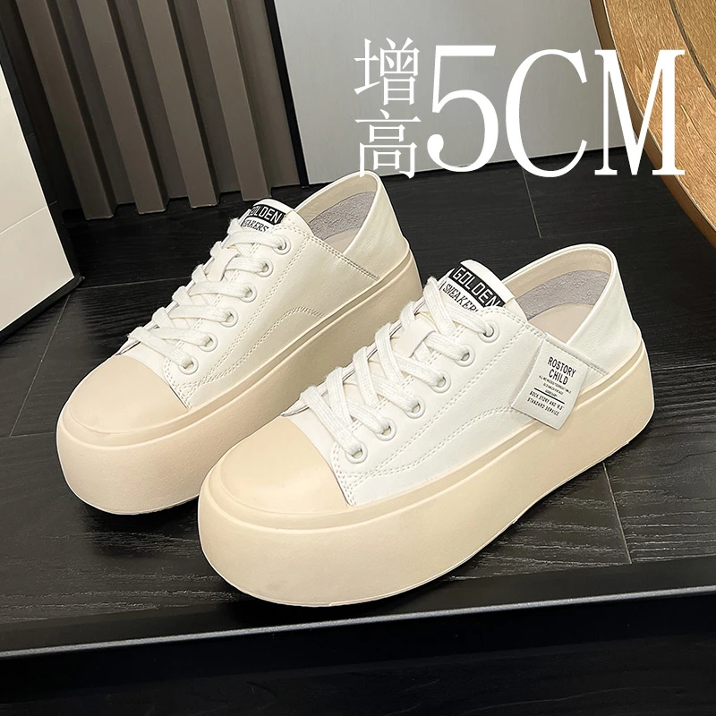 防滑面包鞋女增高5cm轻便柔软显瘦显高百搭可后踩真皮休闲小白鞋