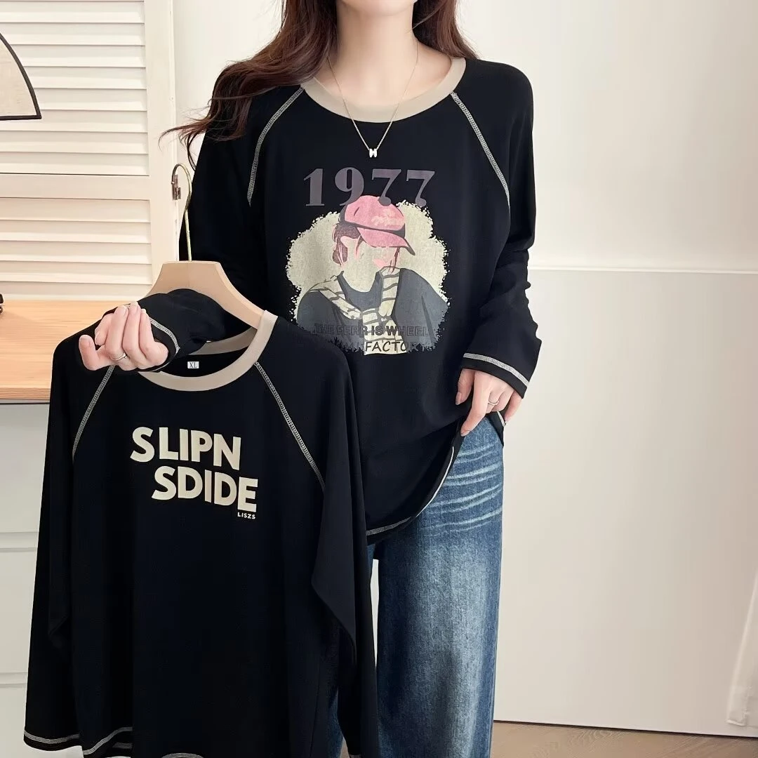 大码女装胖MM时尚休闲印花显瘦长袖T恤秋季遮肉显瘦圆领打底衫