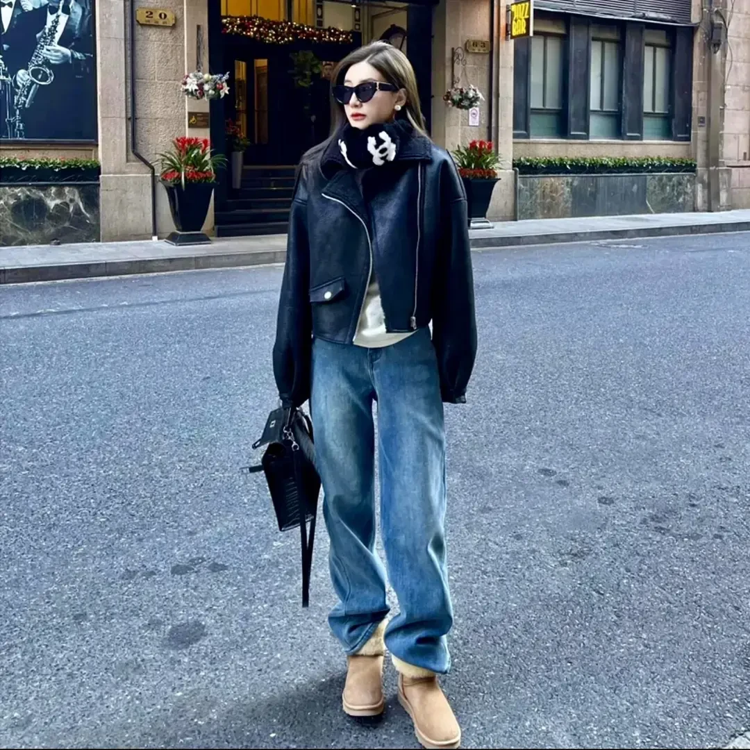 加绒加厚阔腿牛仔裤女2025秋冬新款百搭宽松直筒垂感显瘦拖地裤子