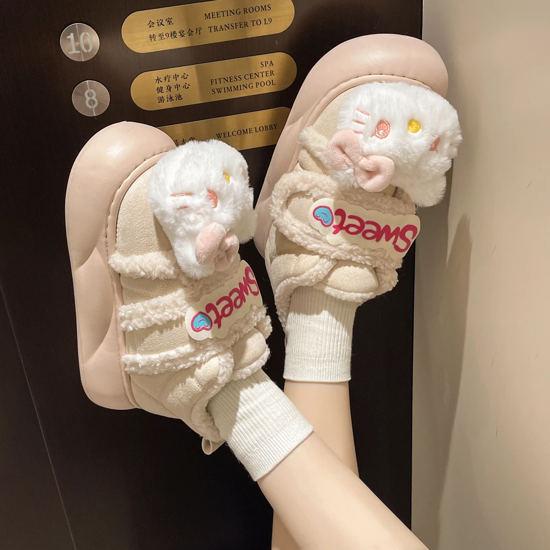 可爱减龄猫猫棉鞋女2024秋冬新款厚底保暖加绒卡通魔术贴雪地靴子