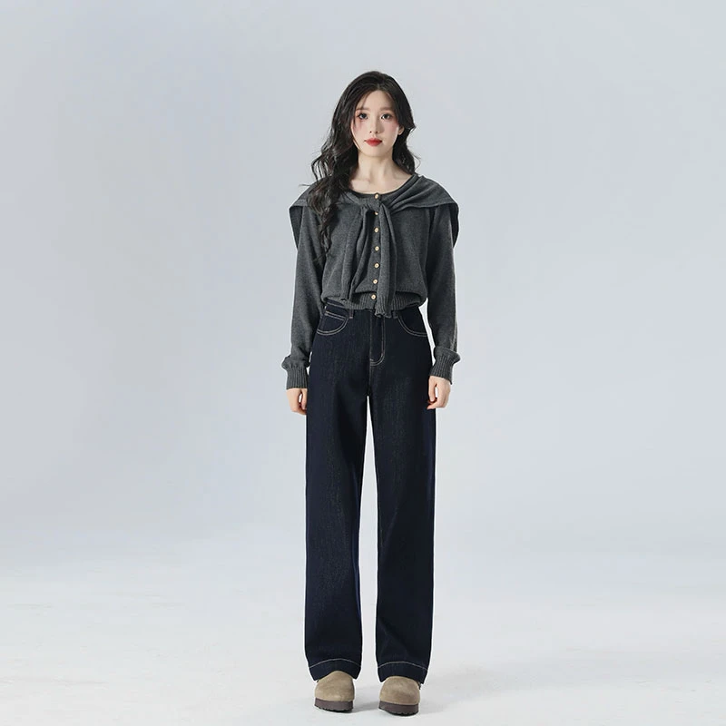 蔡百万 黑金丹宁 加绒 秋冬新款窄版高级气质百搭显瘦直筒牛仔裤