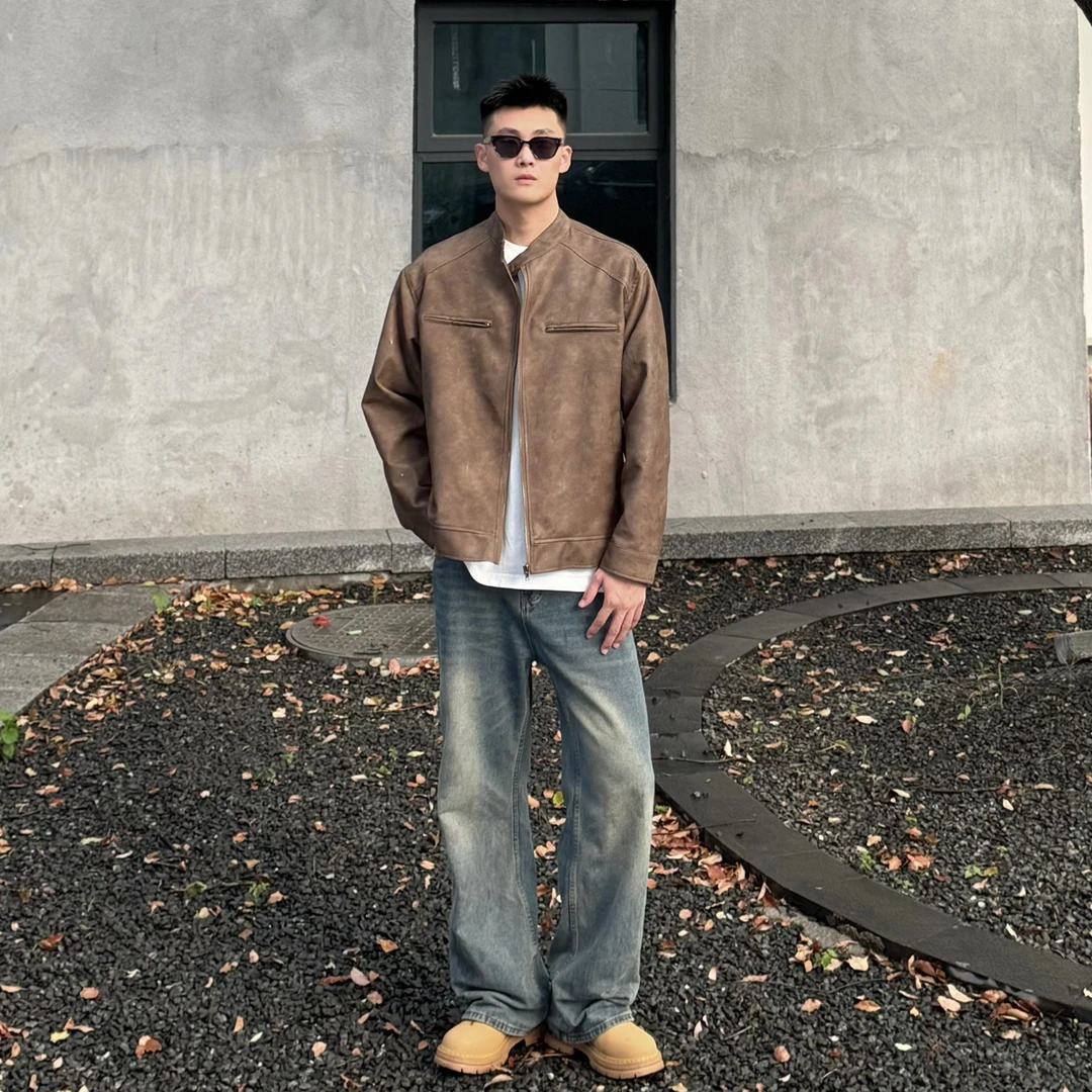 【阿郎】复古美式短款秋冬立领男皮夹克休闲机车春秋百搭帅气皮夹克