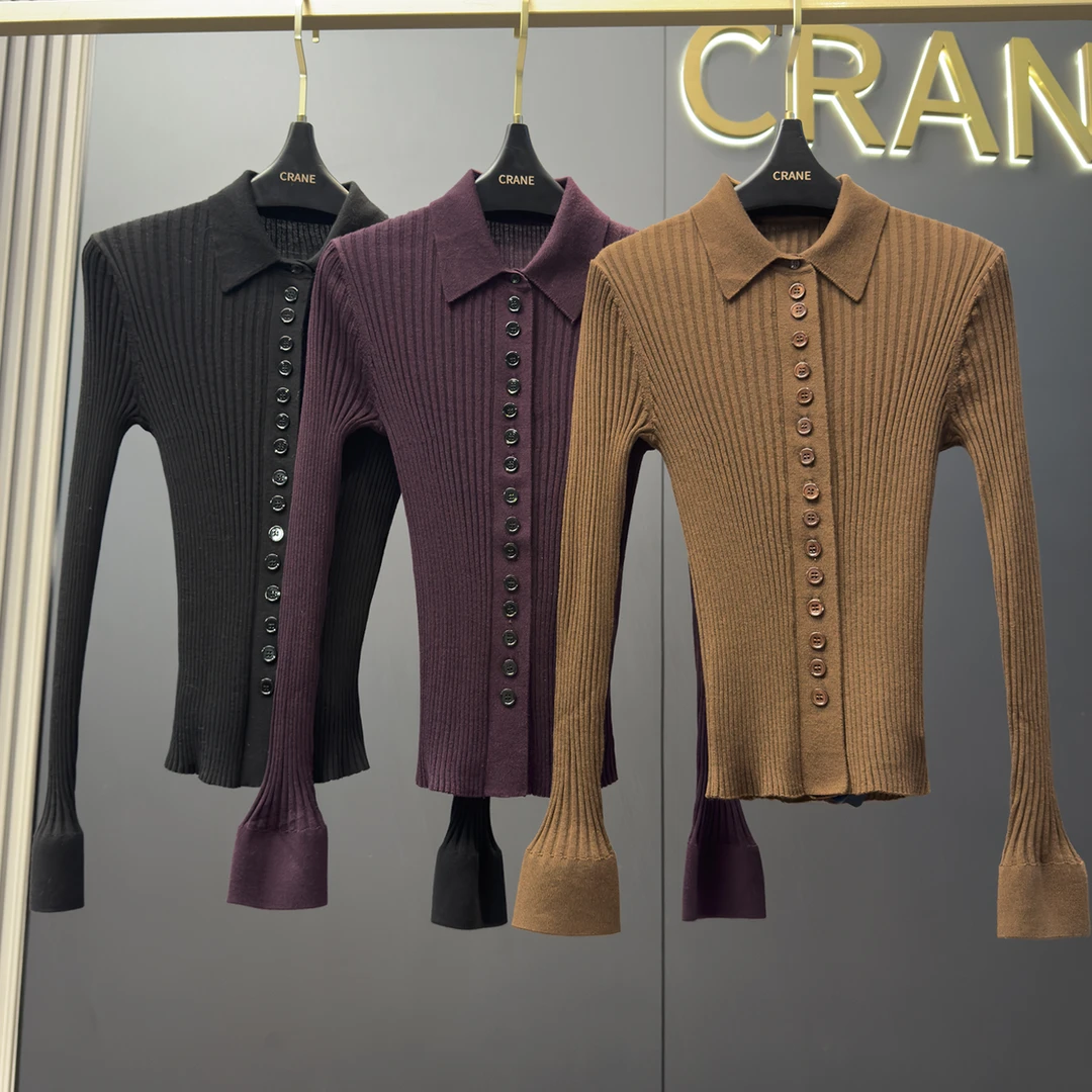 CRANE 欧款时尚翻领坑条显瘦修身弹力针织美丽诺羊毛开衫