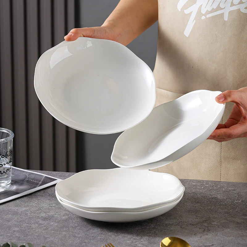 纯白瓷8英寸莲花盘网红家用简约炒菜盘菜盘子陶瓷网红盘子大号