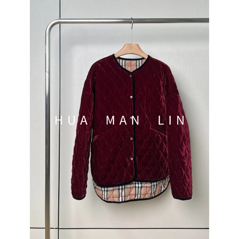 【花满林】圆领菱形格绗线桑蚕丝丝绒加厚外套89286